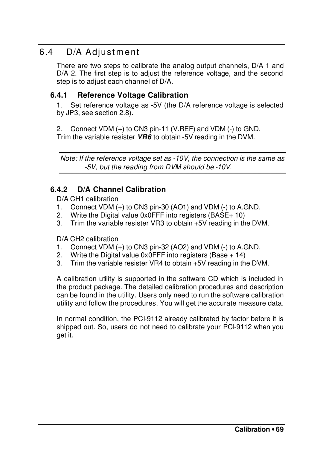 HP 9112 manual D/A Adjustment, Reference Voltage Calibration, 2 D/A Channel Calibration 