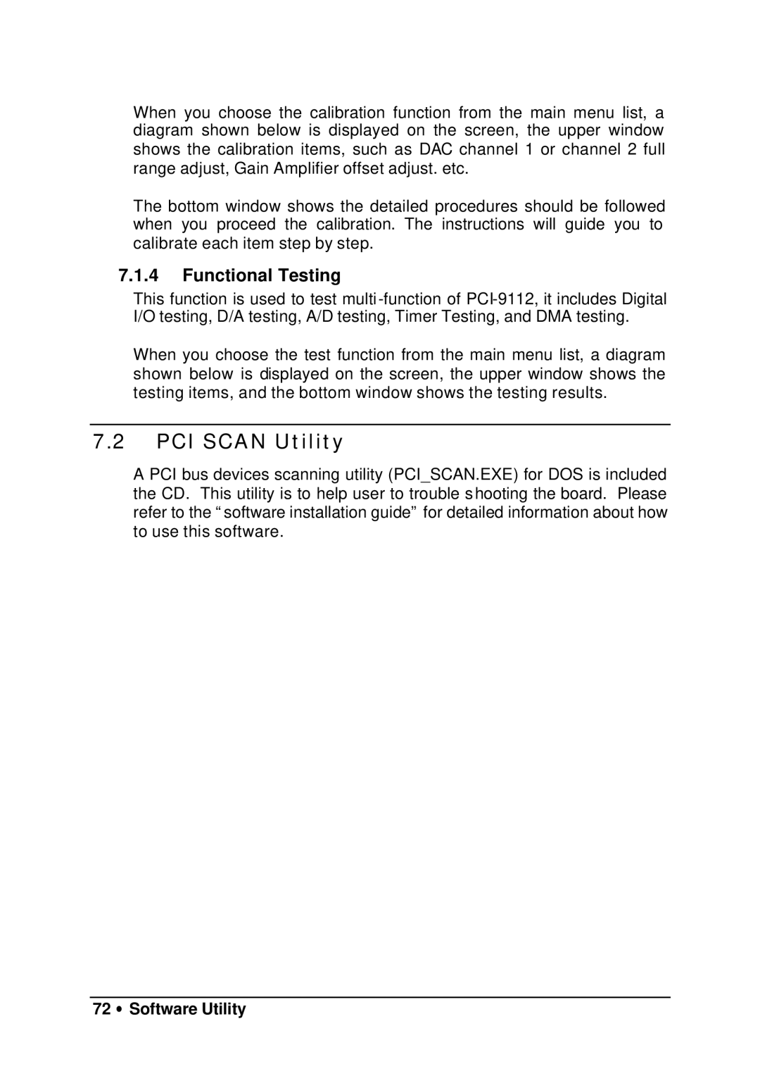 HP 9112 manual PCI Scan Utility, Functional Testing, 72 ∙ Software Utility 