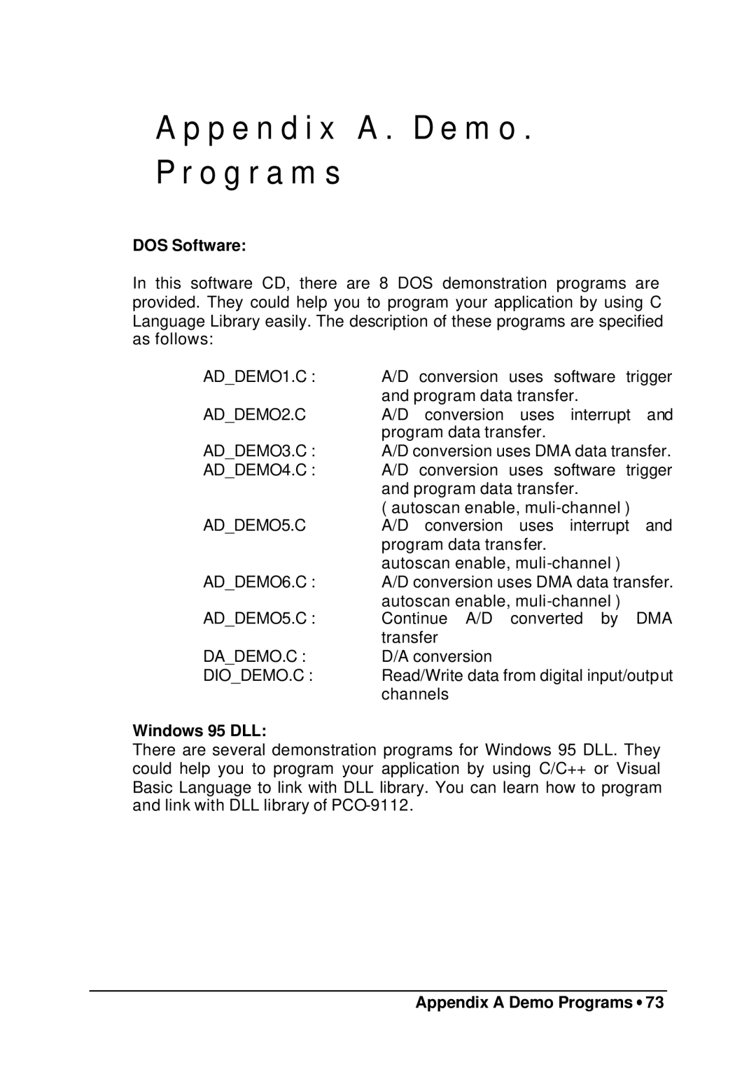 HP 9112 manual P e n d i x a . D e m o O g r a m s, DOS Software, Windows 95 DLL, Appendix a Demo Programs ∙ 