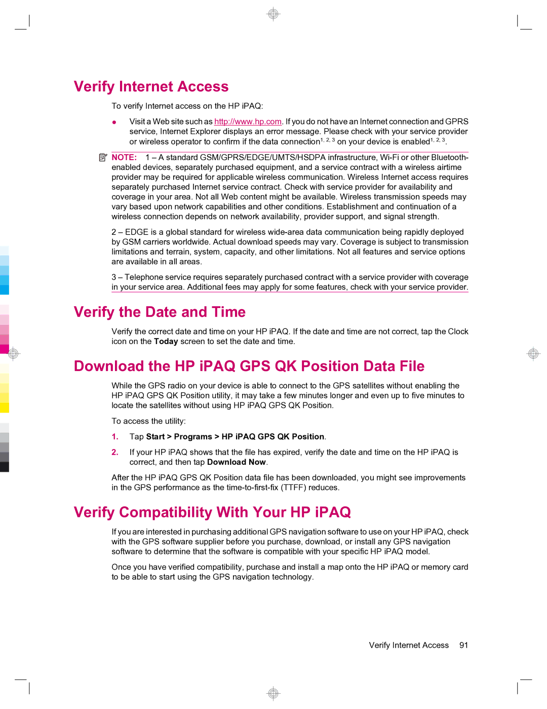 HP 912c Messenger manual Verify Internet Access, Verify the Date and Time, Download the HP iPAQ GPS QK Position Data File 