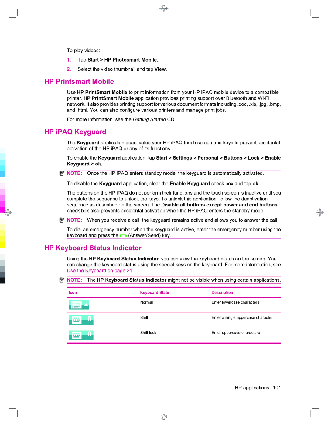 HP 912c Messenger HP Printsmart Mobile, HP iPAQ Keyguard, HP Keyboard Status Indicator, Icon Keyboard State Description 