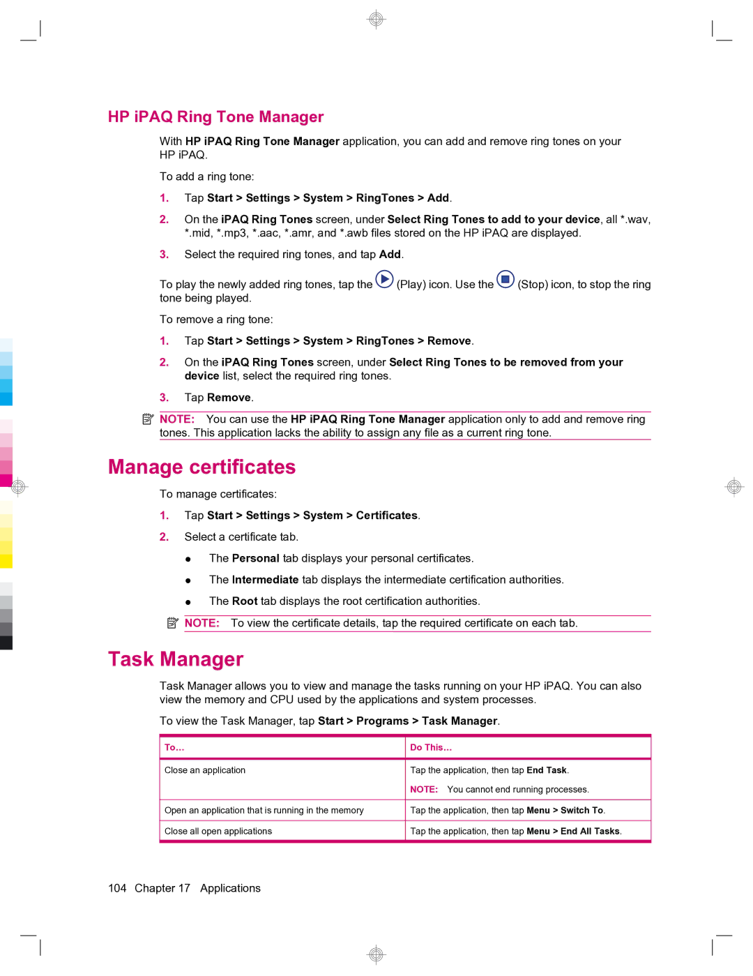 HP 912c Messenger Manage certificates, Task Manager, HP iPAQ Ring Tone Manager, Tap Start Settings System Certificates 