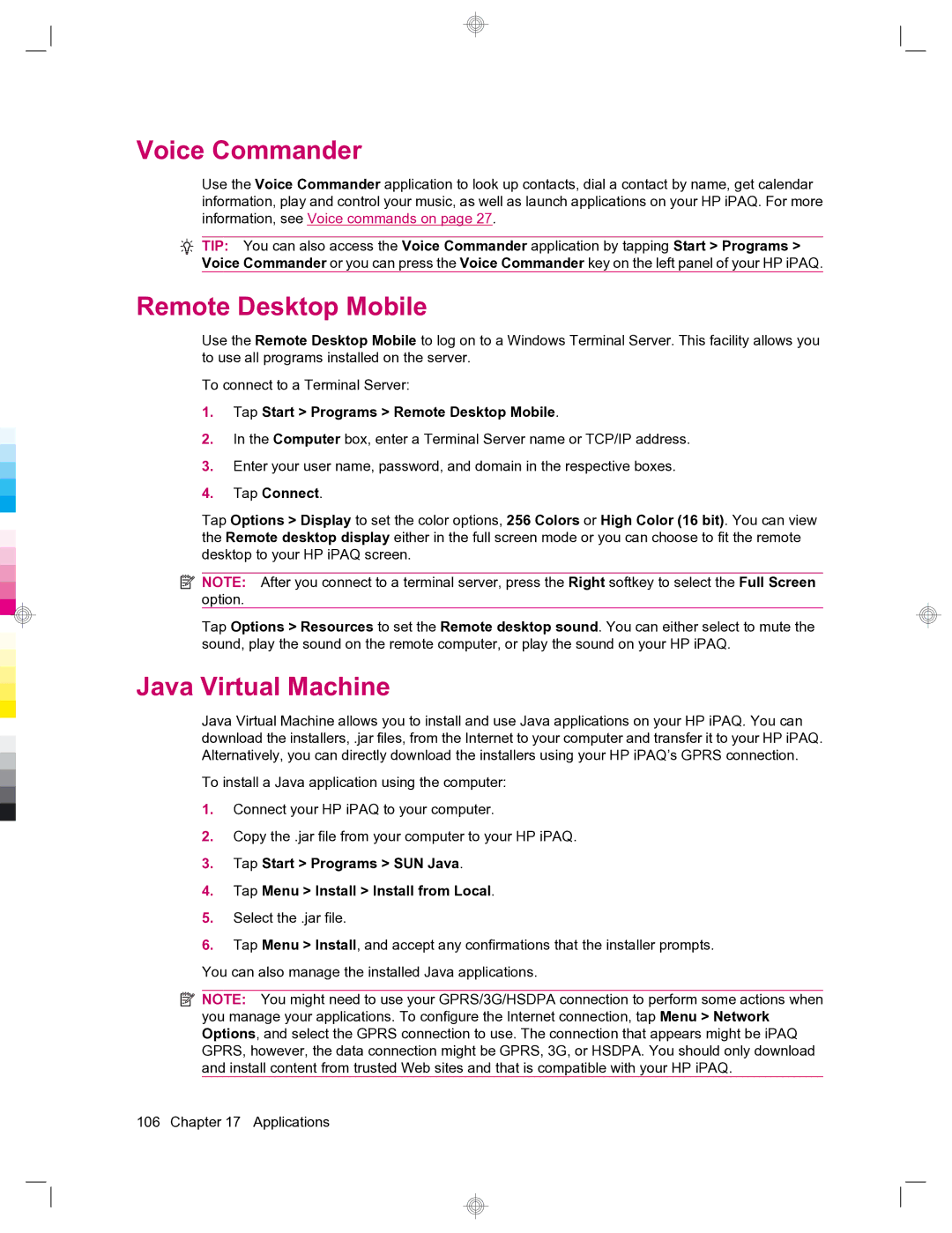 HP 912c Messenger manual Voice Commander, Java Virtual Machine, Tap Start Programs Remote Desktop Mobile, Tap Connect 