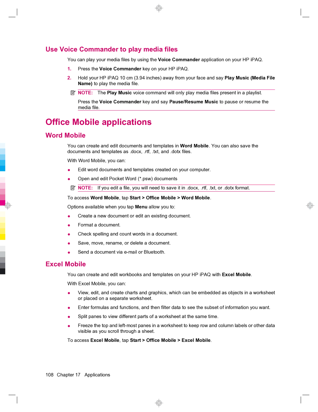 HP 912c Messenger manual Office Mobile applications, Use Voice Commander to play media files, Word Mobile, Excel Mobile 