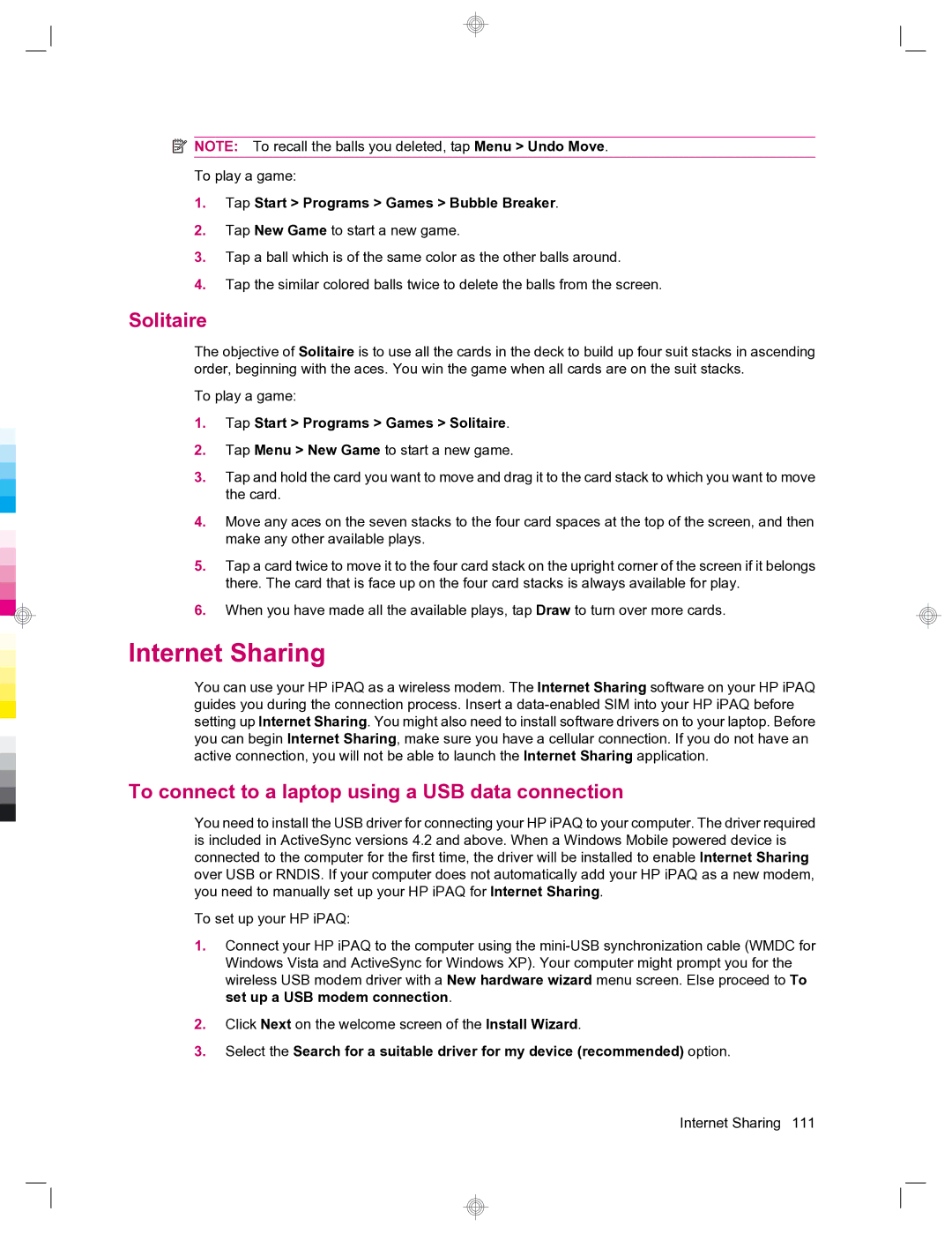 HP 912c Messenger manual Internet Sharing, Solitaire, To connect to a laptop using a USB data connection 