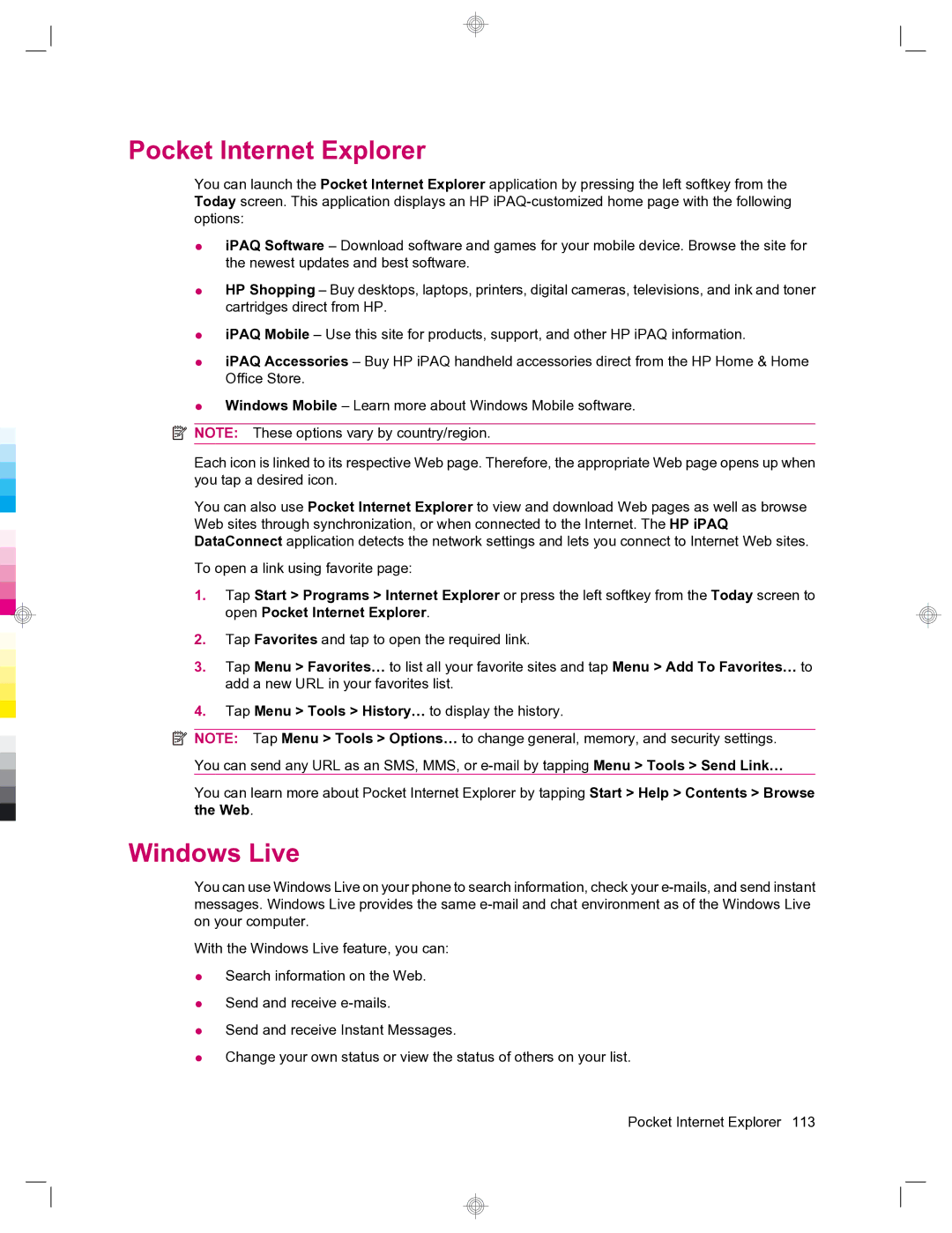 HP 912c Messenger manual Pocket Internet Explorer, Windows Live 