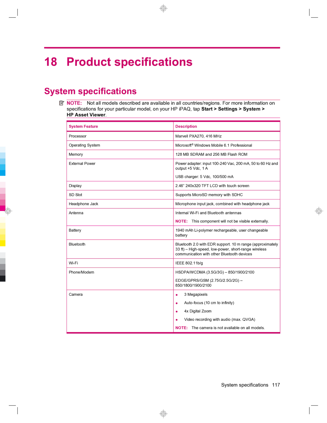 HP 912c Messenger manual Product specifications, System specifications, System Feature Description 