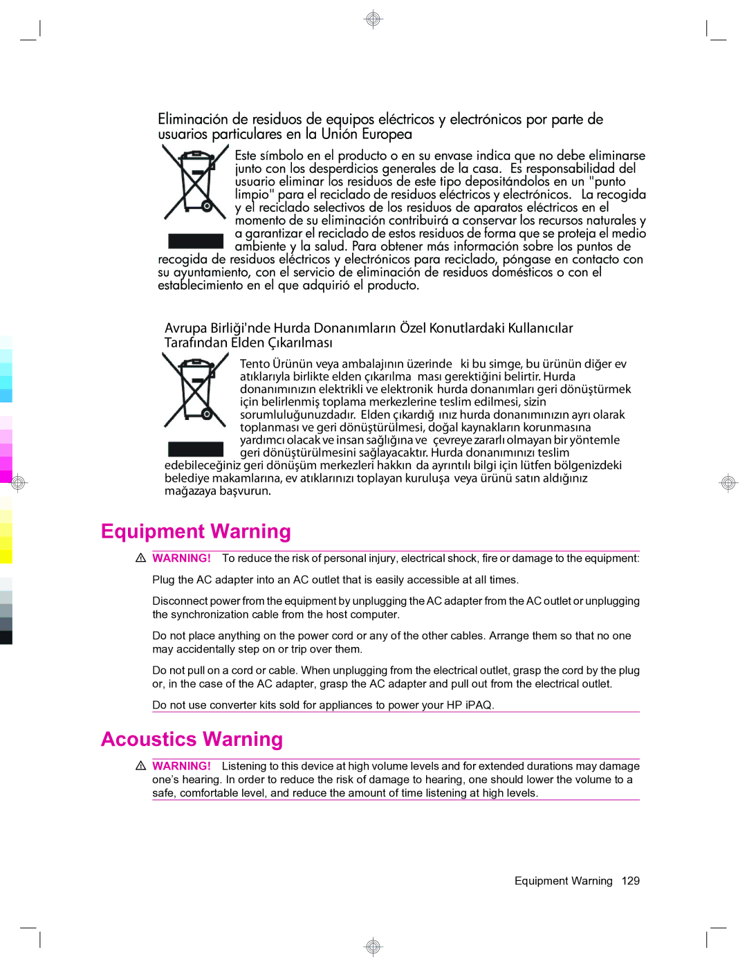 HP 912c Messenger manual Equipment Warning, Acoustics Warning 