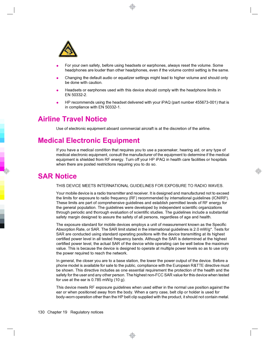 HP 912c Messenger manual Airline Travel Notice, Medical Electronic Equipment, SAR Notice 