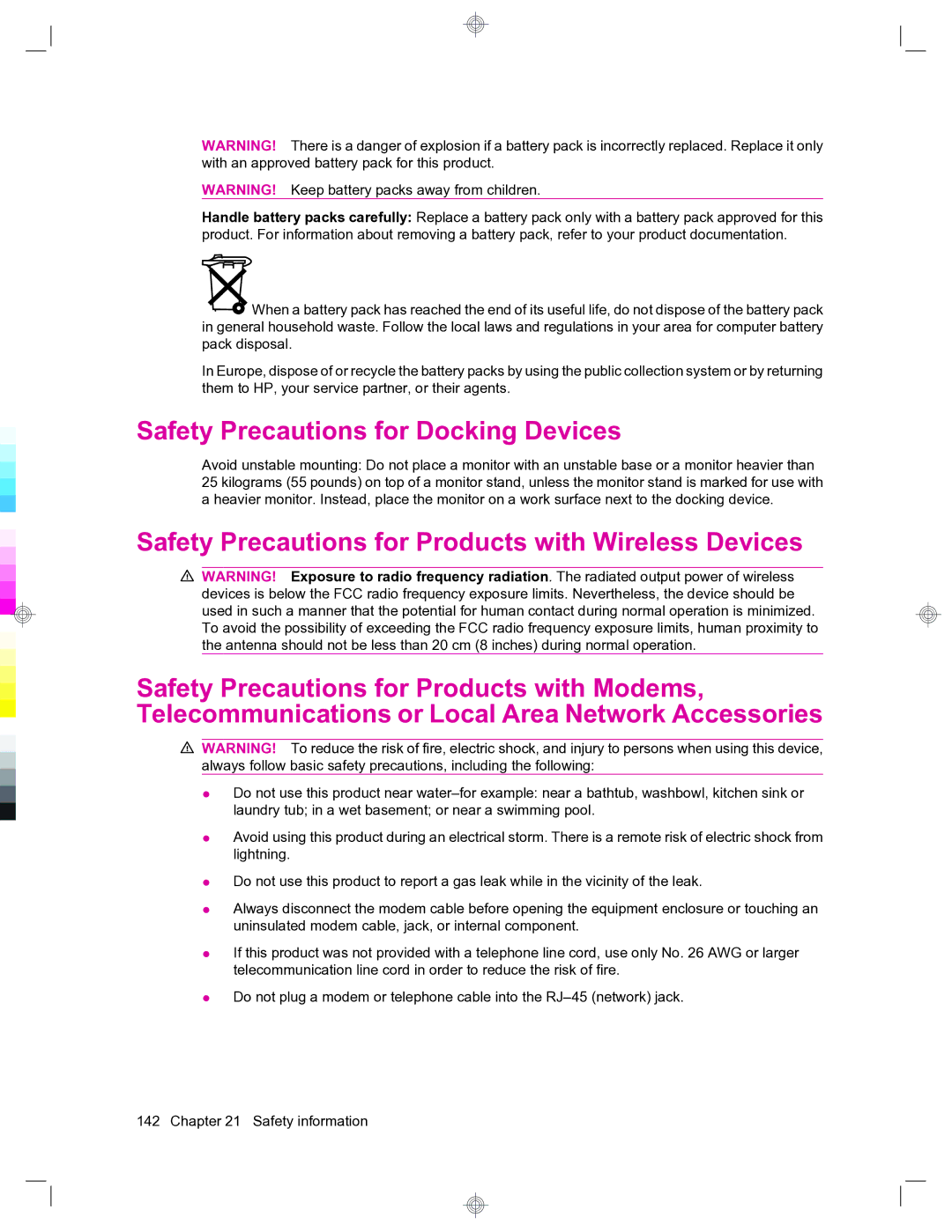 HP 912c Messenger manual Safety Precautions for Docking Devices 