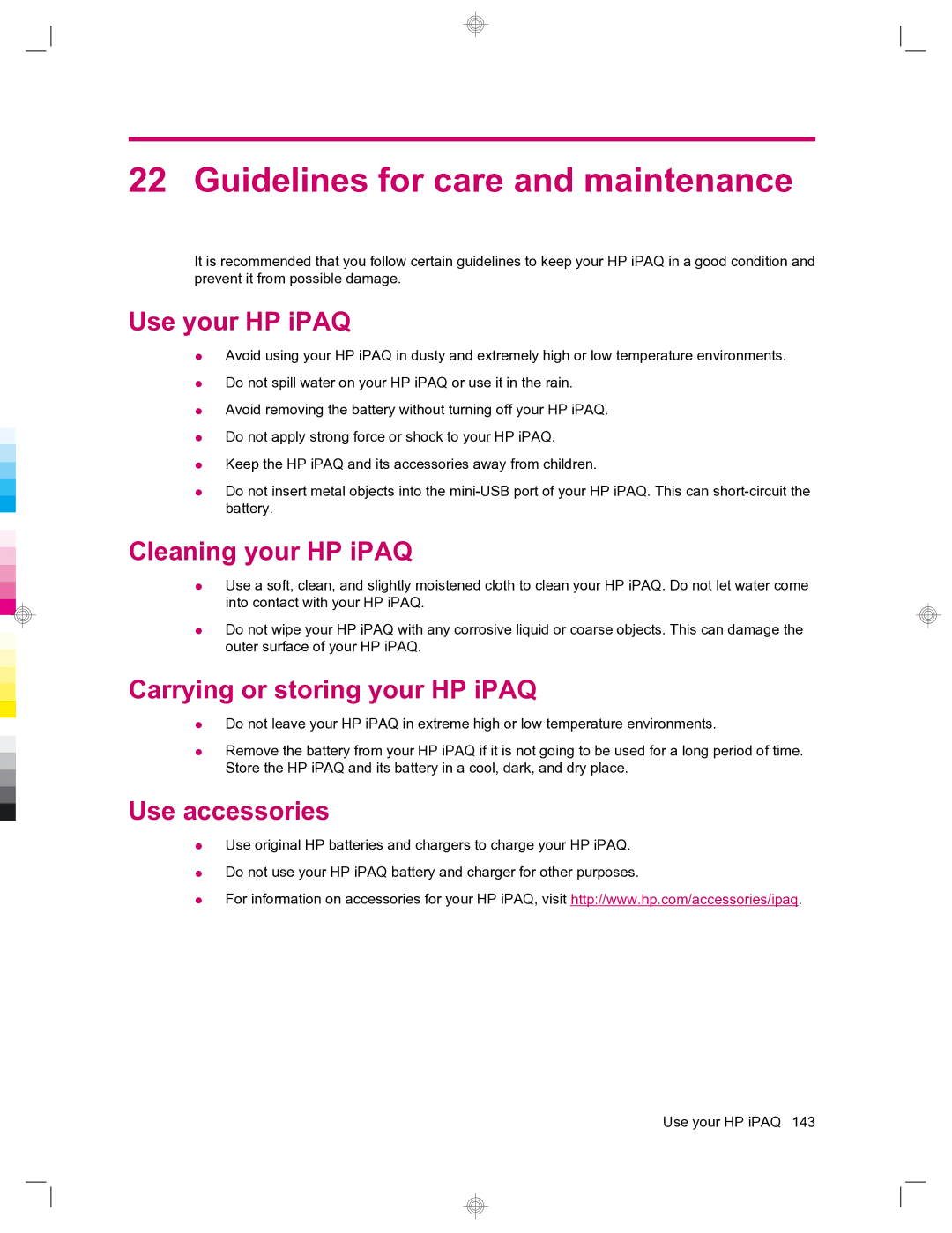 HP 912c Messenger manual Guidelines for care and maintenance, Use your HP iPAQ, Cleaning your HP iPAQ, Use accessories 