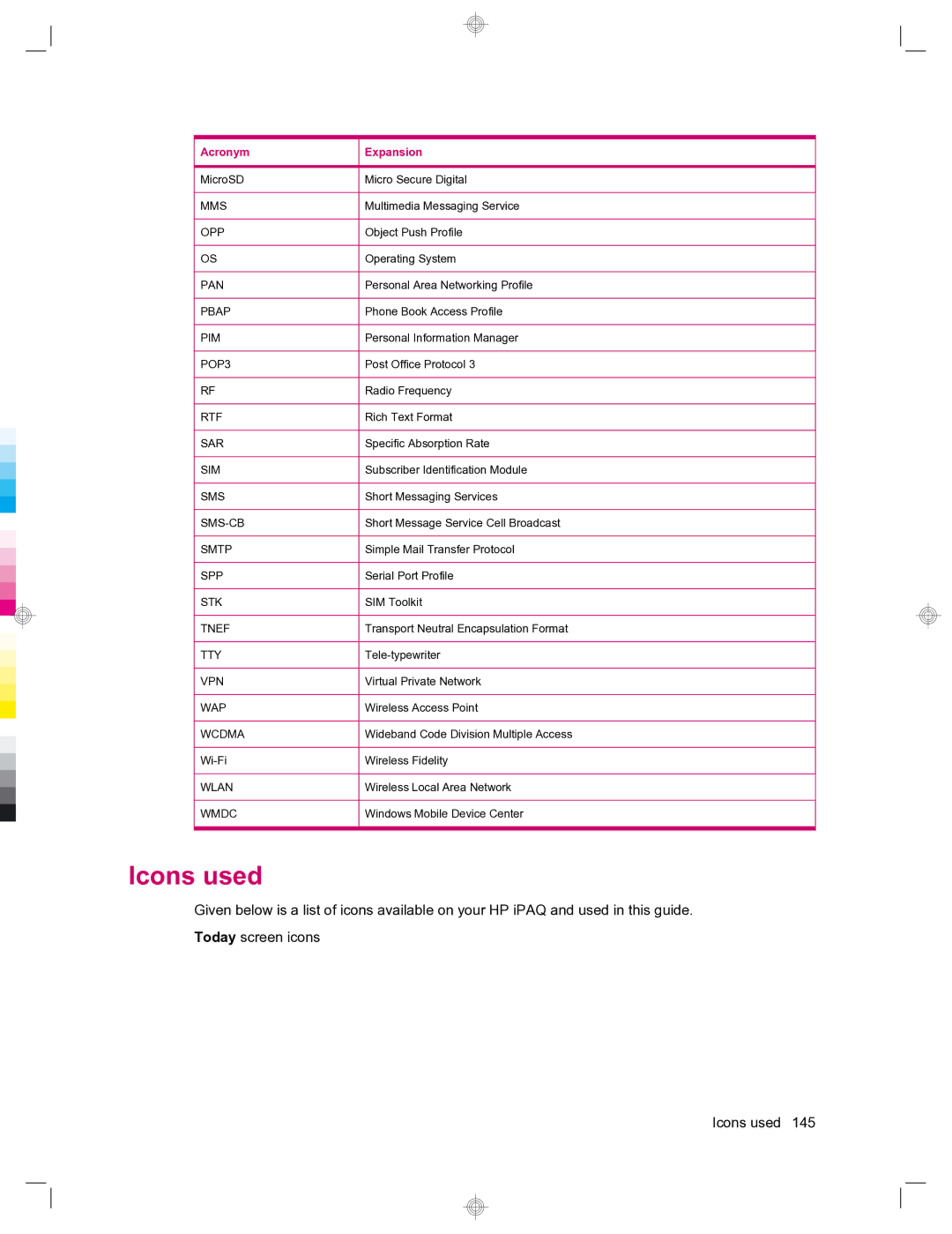 HP 912c Messenger manual Icons used, Acronym 