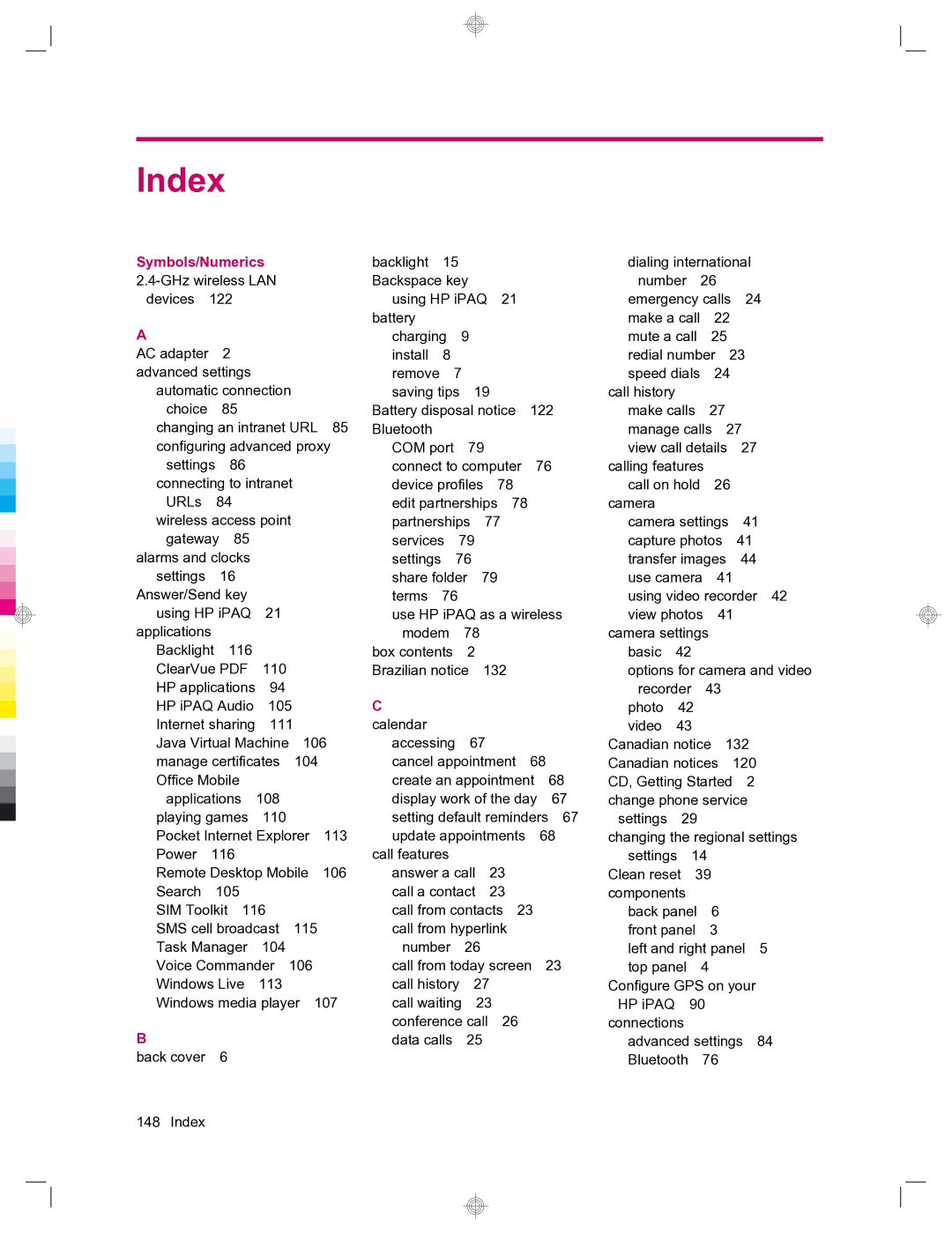 HP 912c Messenger manual Index, Symbols/Numerics 