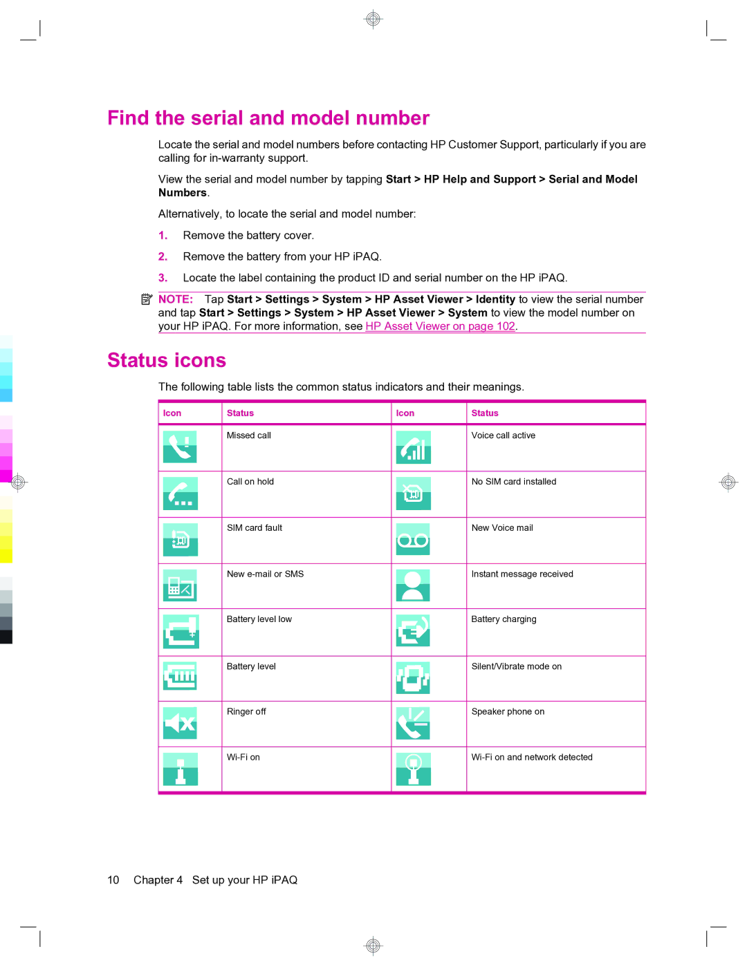 HP 912c Messenger manual Find the serial and model number, Status icons, Icon Status 