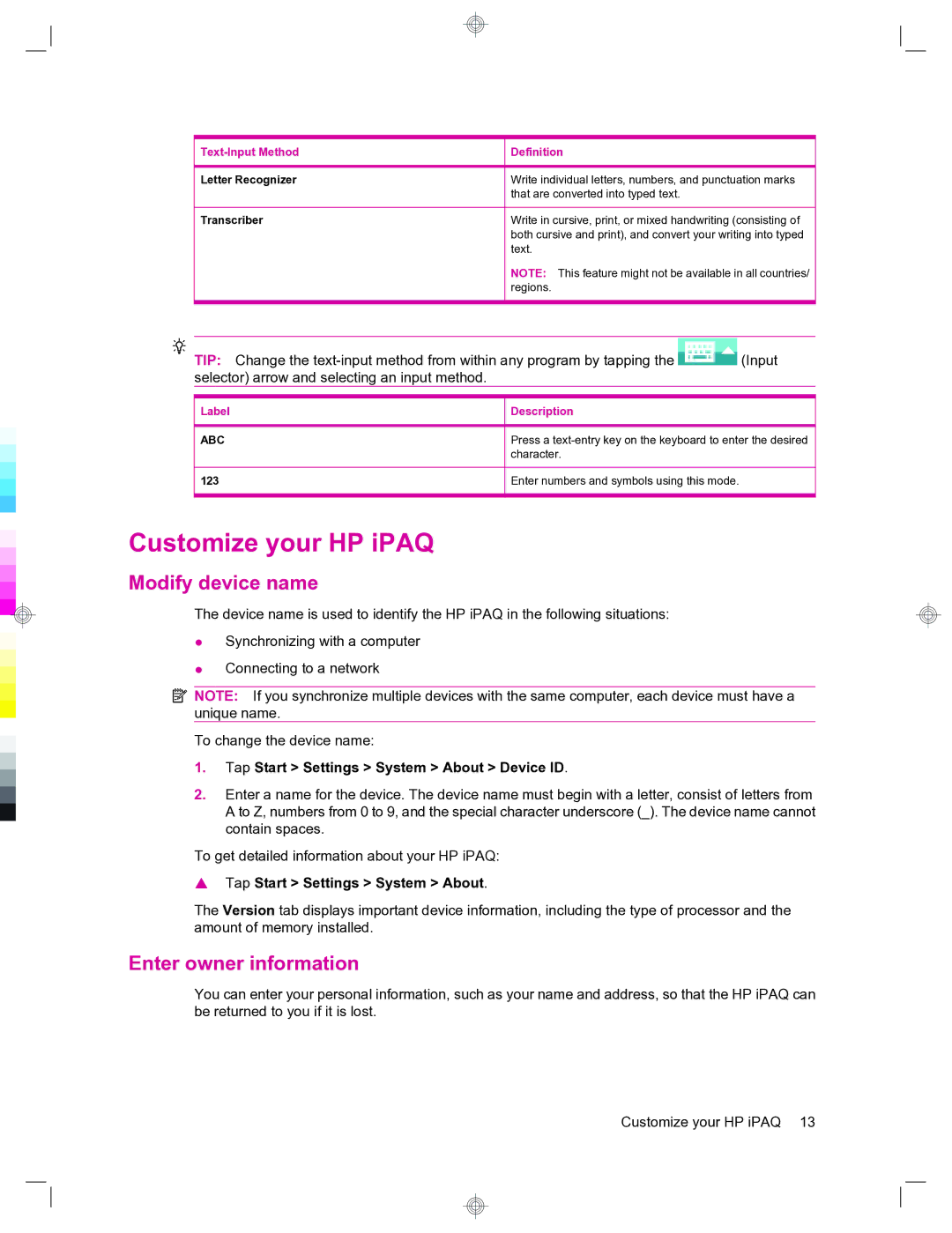 HP 912c Messenger Customize your HP iPAQ, Modify device name, Enter owner information, Tap Start Settings System About 