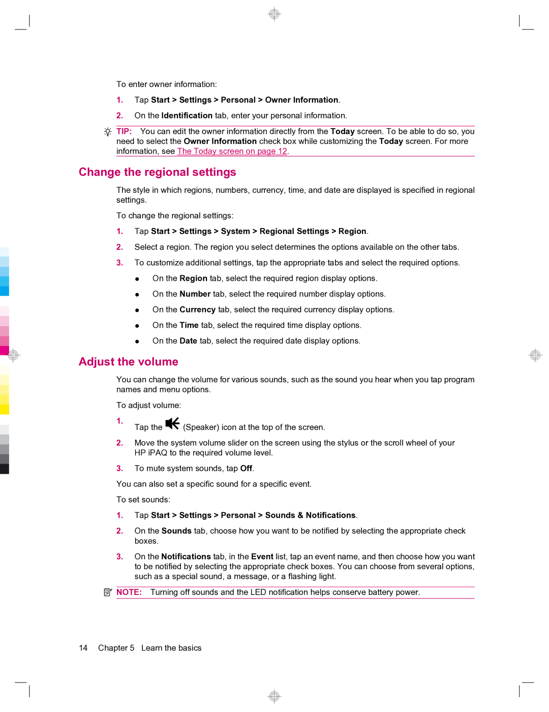 HP 912c Messenger manual Change the regional settings, Adjust the volume, Tap Start Settings Personal Owner Information 