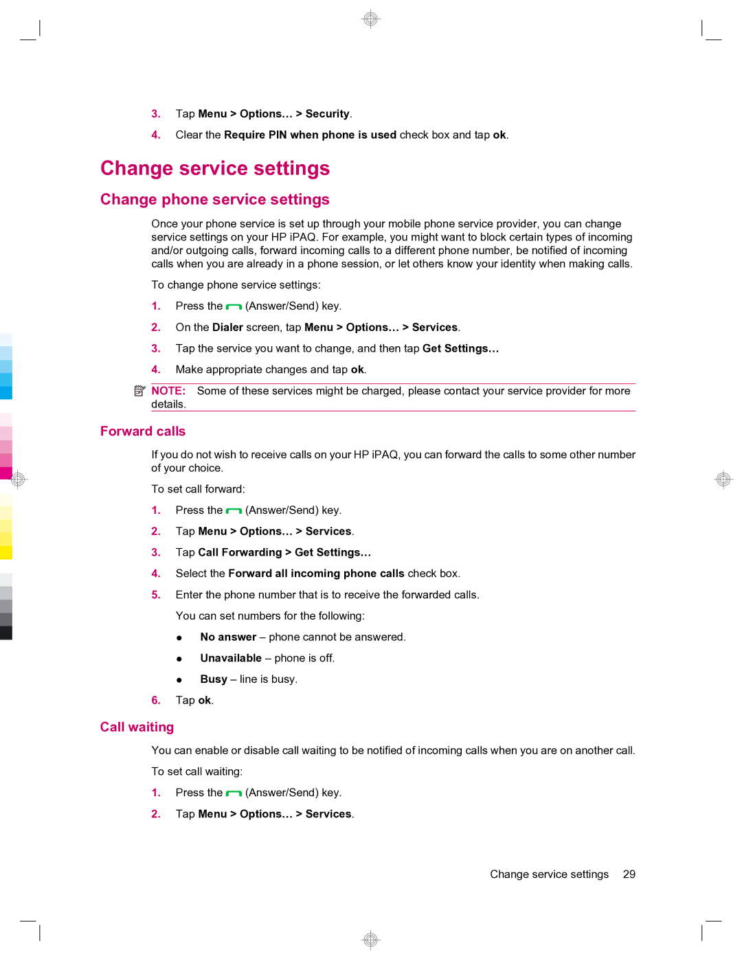 HP 912c Messenger manual Change service settings, Change phone service settings, Forward calls, Call waiting 