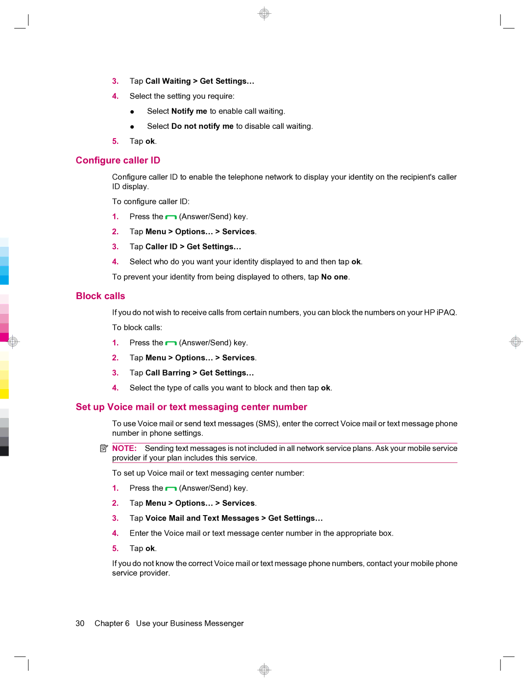 HP 912c Messenger manual Configure caller ID, Block calls, Set up Voice mail or text messaging center number 