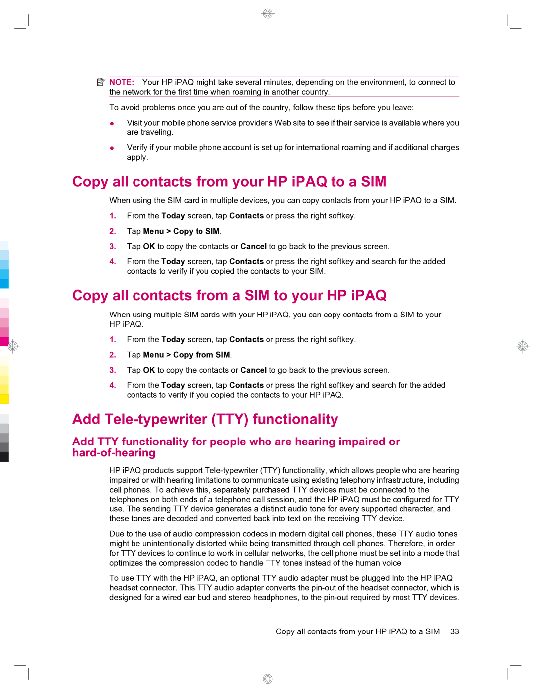 HP 912c Messenger manual Copy all contacts from your HP iPAQ to a SIM, Copy all contacts from a SIM to your HP iPAQ 