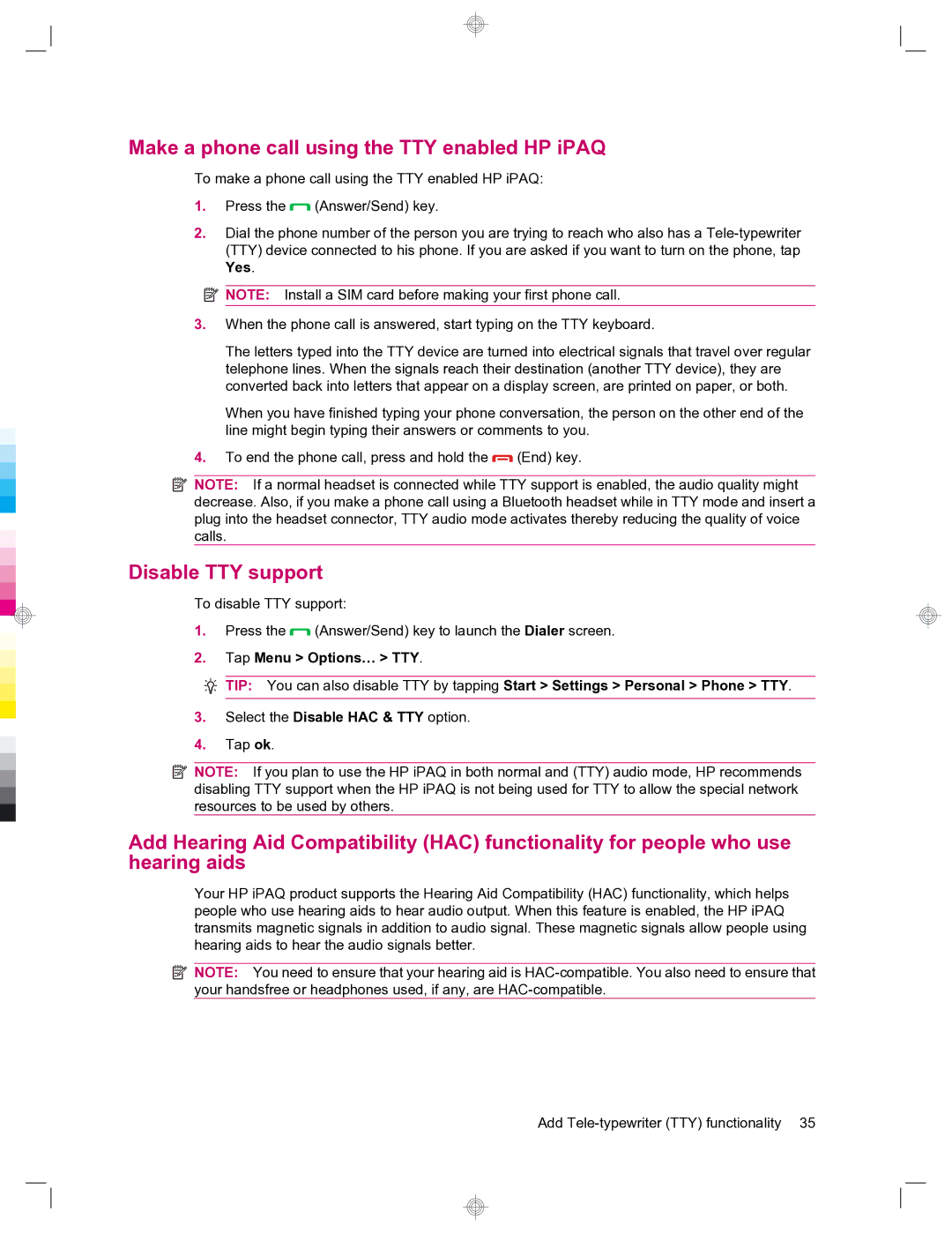 HP 912c Messenger manual Make a phone call using the TTY enabled HP iPAQ, Disable TTY support 