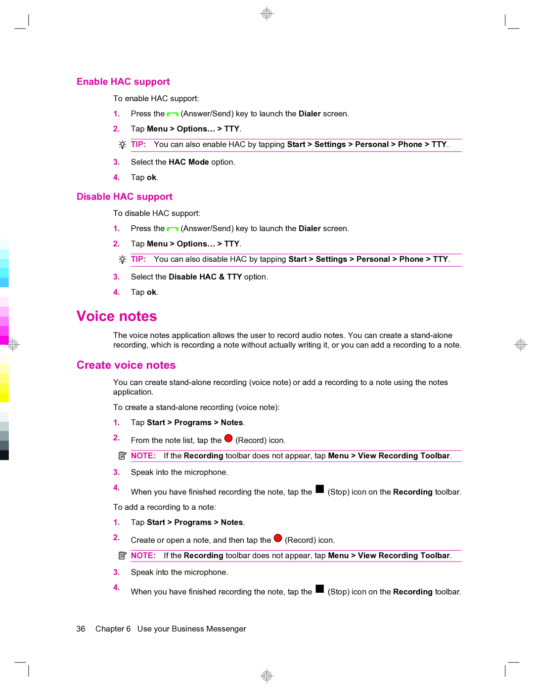 HP 912c Messenger manual Voice notes, Create voice notes, Enable HAC support, Disable HAC support, Tap Start Programs Notes 