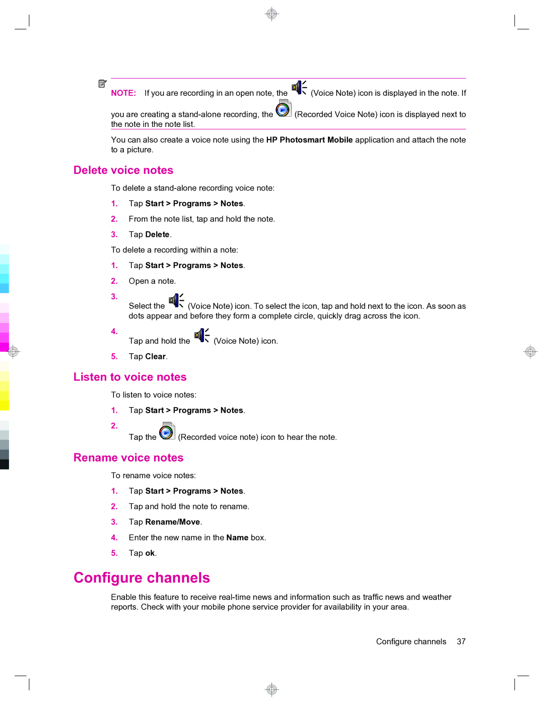 HP 912c Messenger manual Configure channels, Delete voice notes, Listen to voice notes, Rename voice notes 