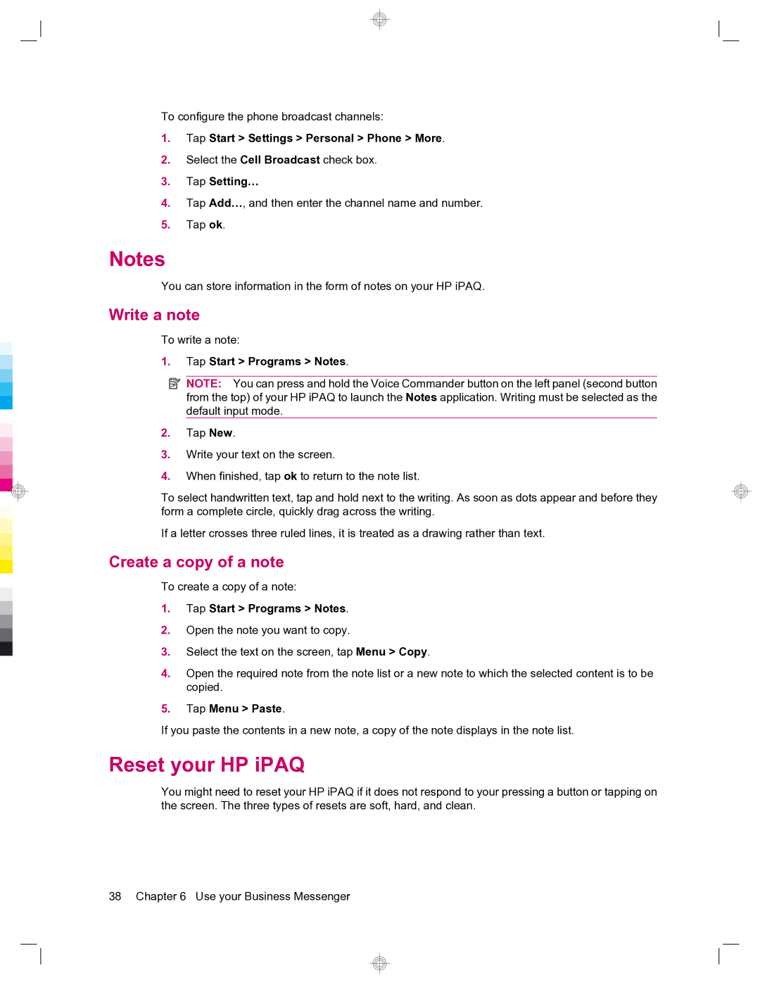 HP 912c Messenger manual Reset your HP iPAQ, Write a note, Create a copy of a note 