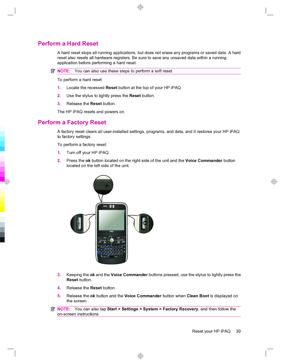 HP 912c Messenger manual Perform a Hard Reset, Perform a Factory Reset 