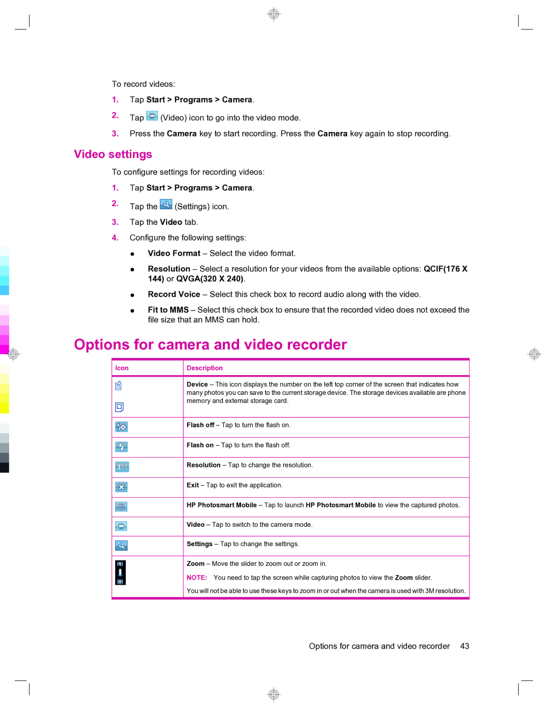 HP 912c Messenger manual Options for camera and video recorder, Video settings, Tap Start Programs Camera, Icon Description 