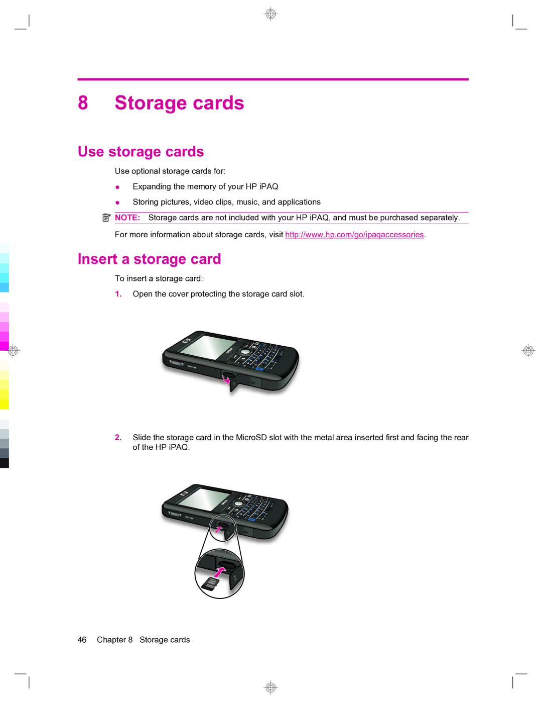 HP 912c Messenger manual Storage cards, Use storage cards, Insert a storage card 