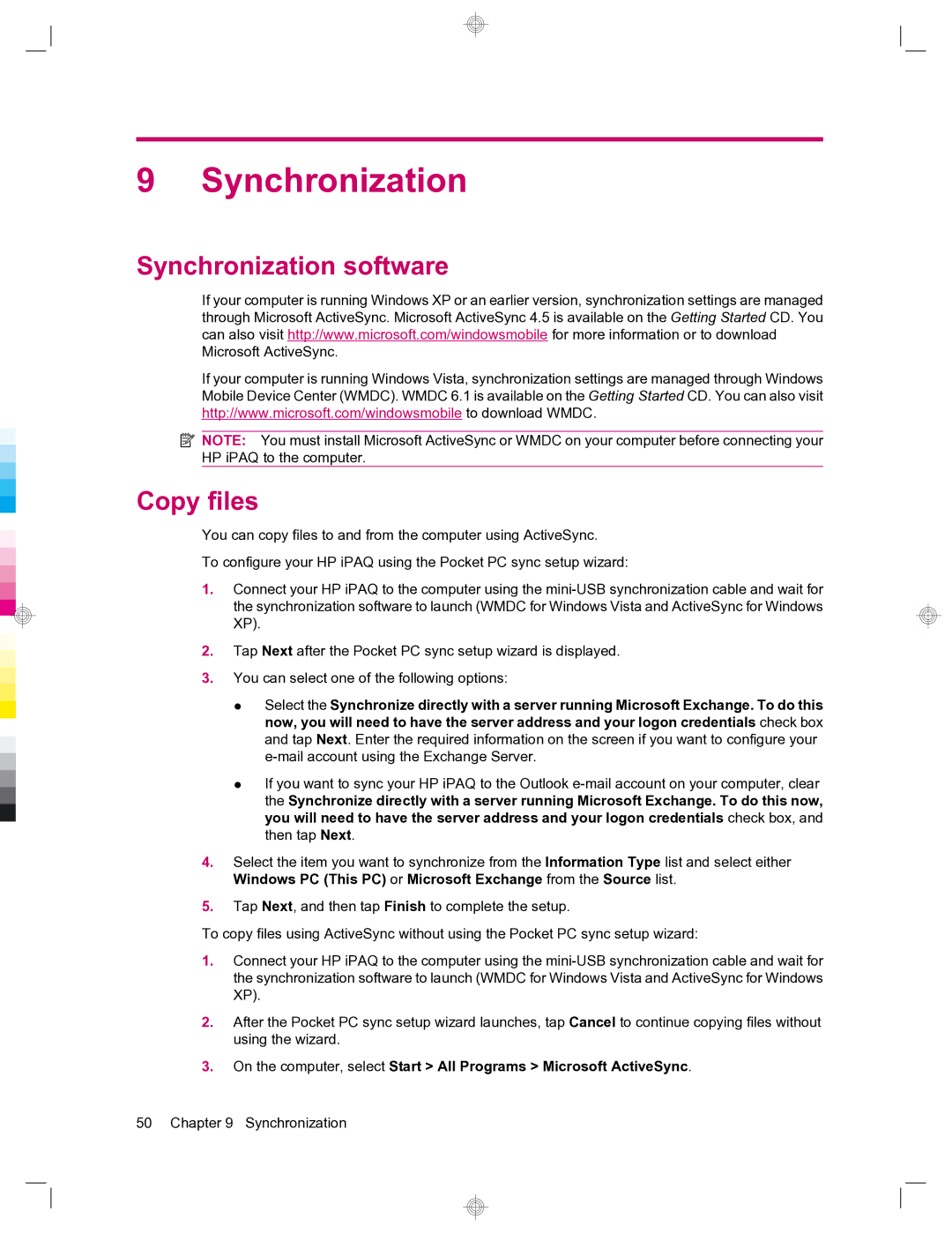 HP 912c Messenger manual Synchronization software Copy files 