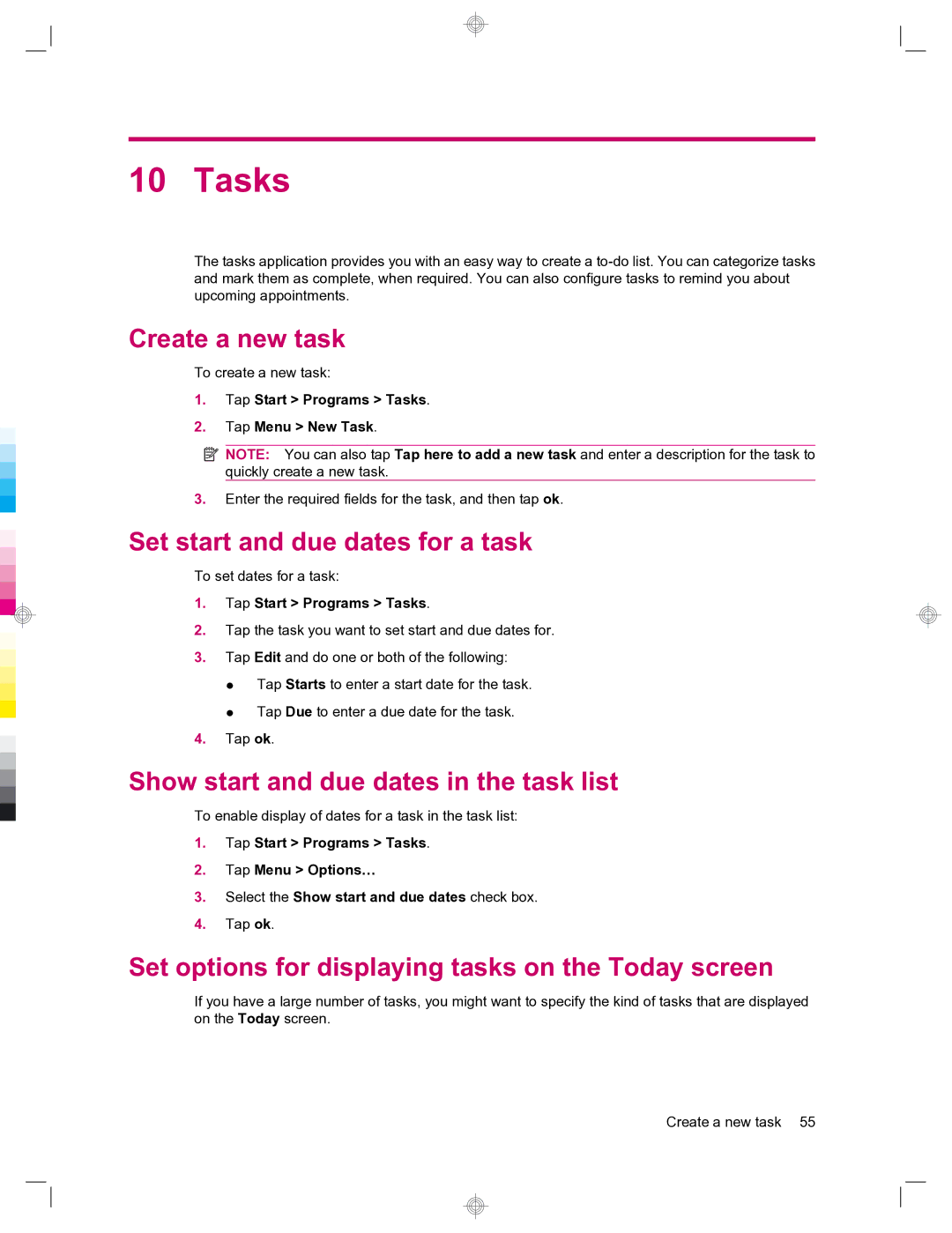 HP 912c Messenger Tasks, Create a new task, Set start and due dates for a task, Show start and due dates in the task list 