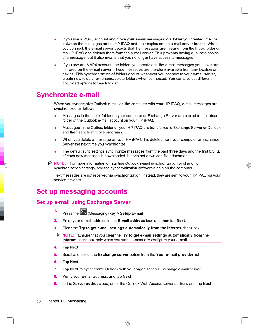 HP 912c Messenger manual Synchronize e-mail, Set up messaging accounts, Set up e-mail using Exchange Server 