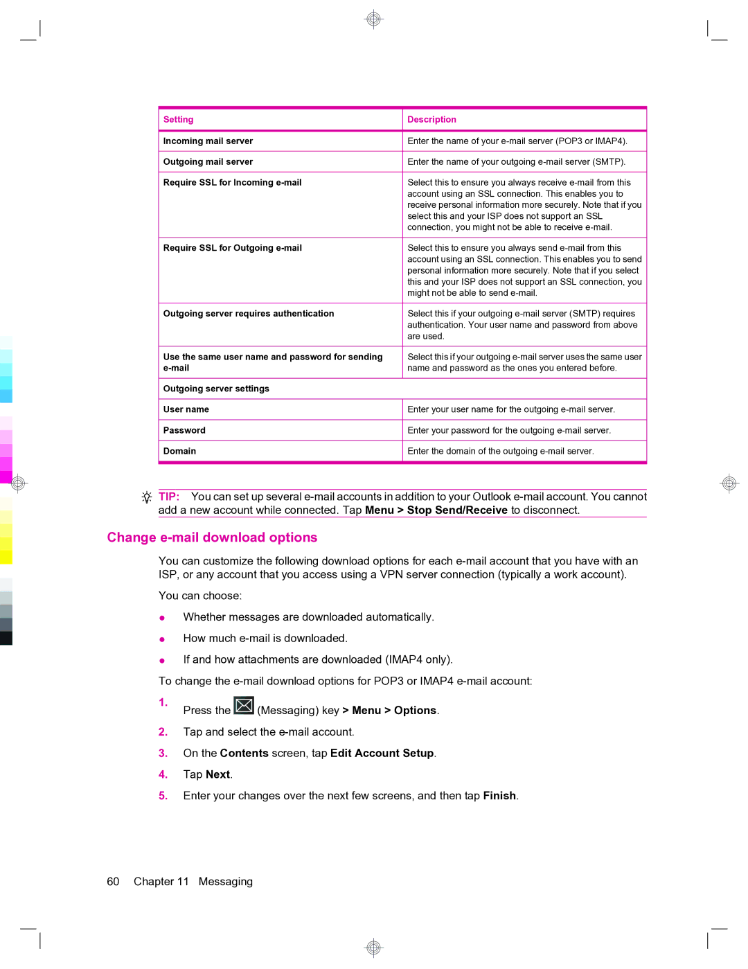 HP 912c Messenger manual Change e-mail download options, On the Contents screen, tap Edit Account Setup 