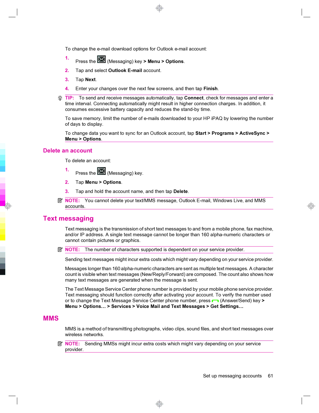 HP 912c Messenger manual Text messaging, Delete an account, Tap Menu Options 