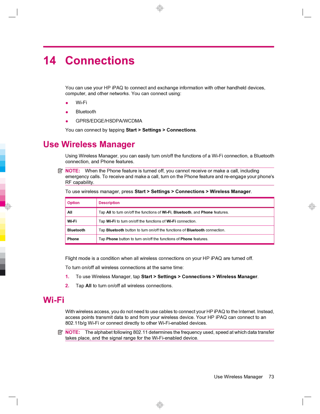 HP 912c Messenger manual Use Wireless Manager, Wi-Fi, You can connect by tapping Start Settings Connections 