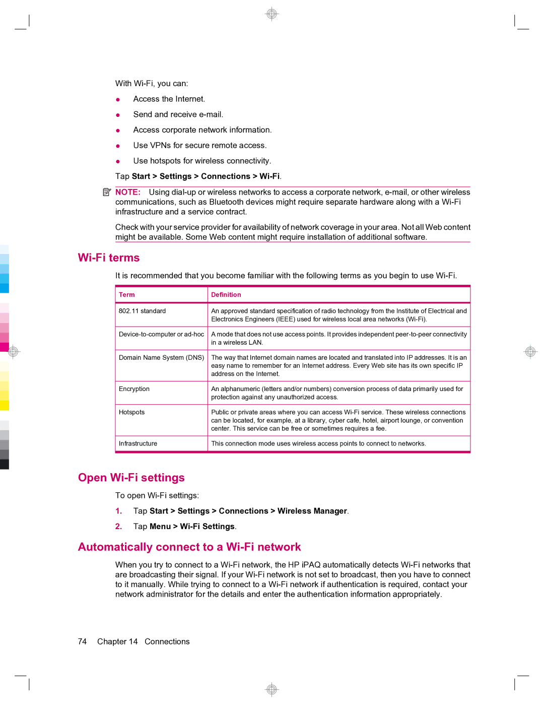 HP 912c Messenger manual Wi-Fi terms, Open Wi-Fi settings, Automatically connect to a Wi-Fi network, Term Definition 