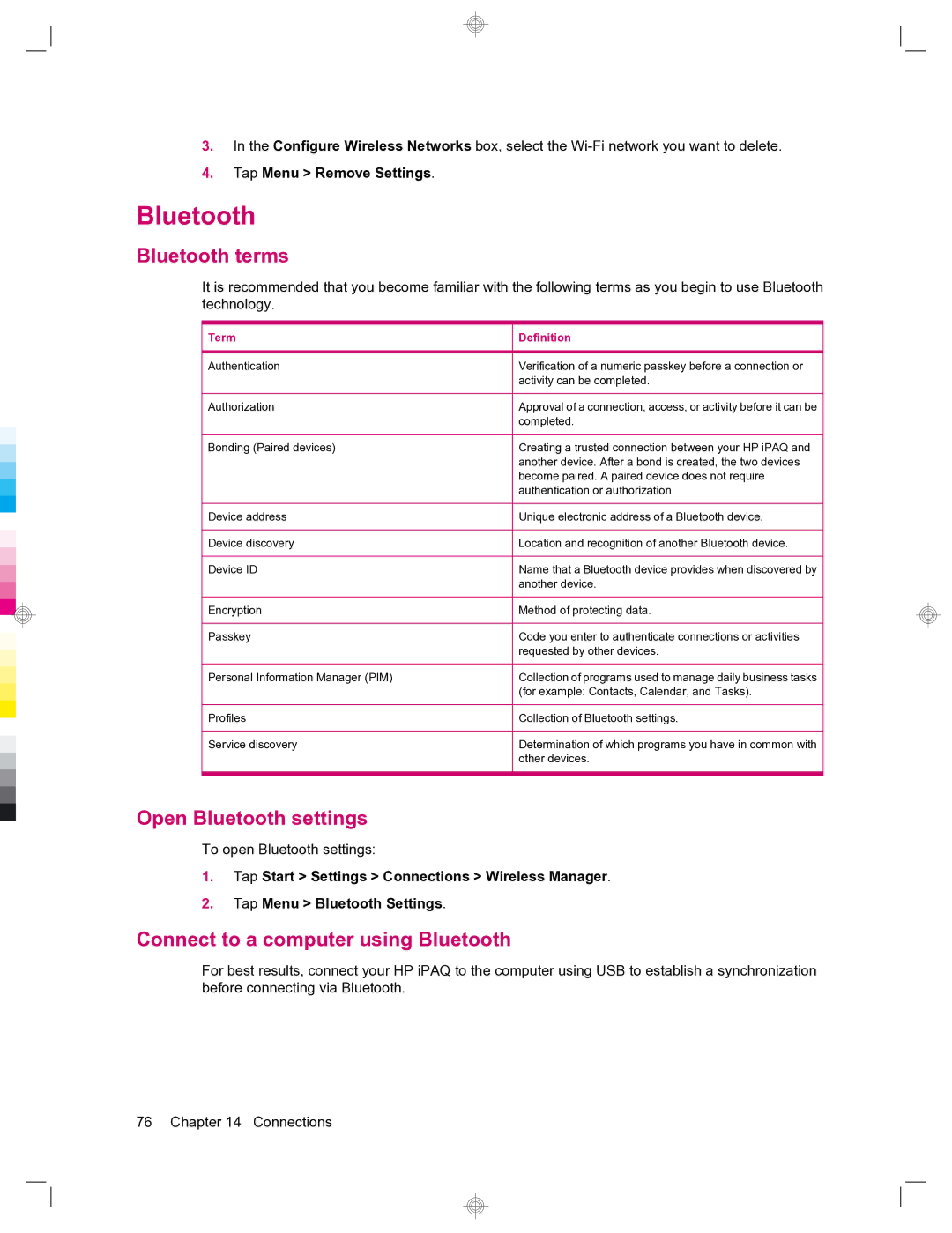 HP 912c Messenger manual Bluetooth terms, Open Bluetooth settings, Connect to a computer using Bluetooth 