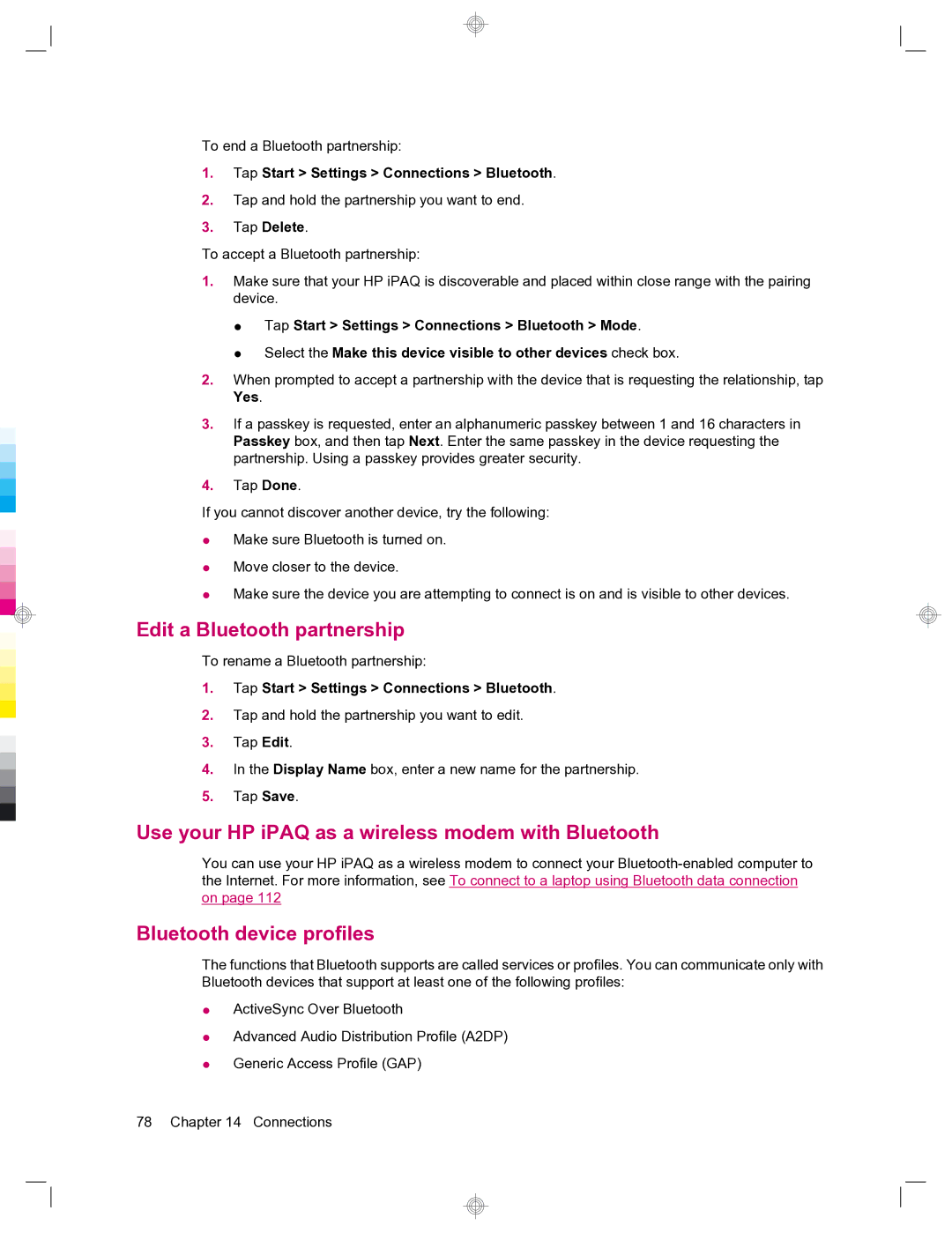 HP 912c Messenger manual Edit a Bluetooth partnership, Use your HP iPAQ as a wireless modem with Bluetooth 