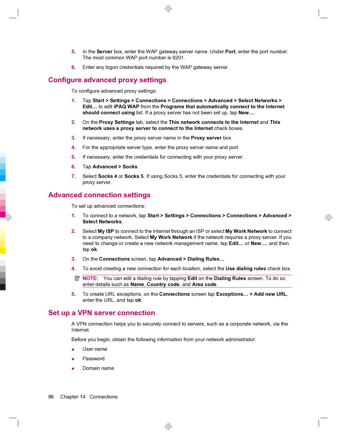 HP 912c Messenger manual Configure advanced proxy settings, Advanced connection settings, Set up a VPN server connection 