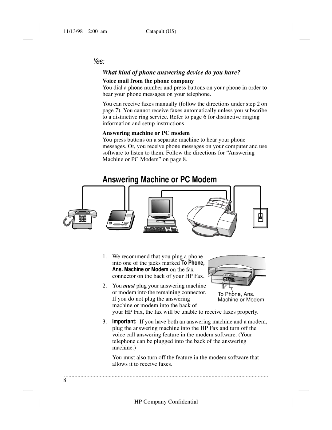 HP 920 Fax manual Answering Machine or PC Modem 