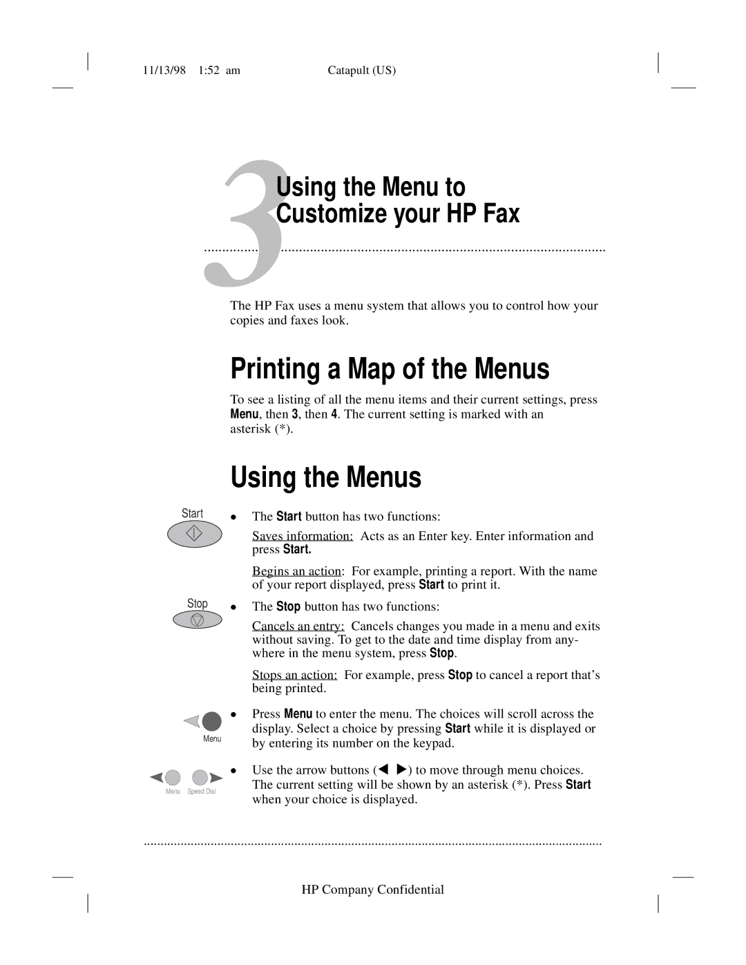 HP 920 Fax manual Printing a Map of the Menus, Using the Menus, 3Using the Menu to Customize your HP Fax 