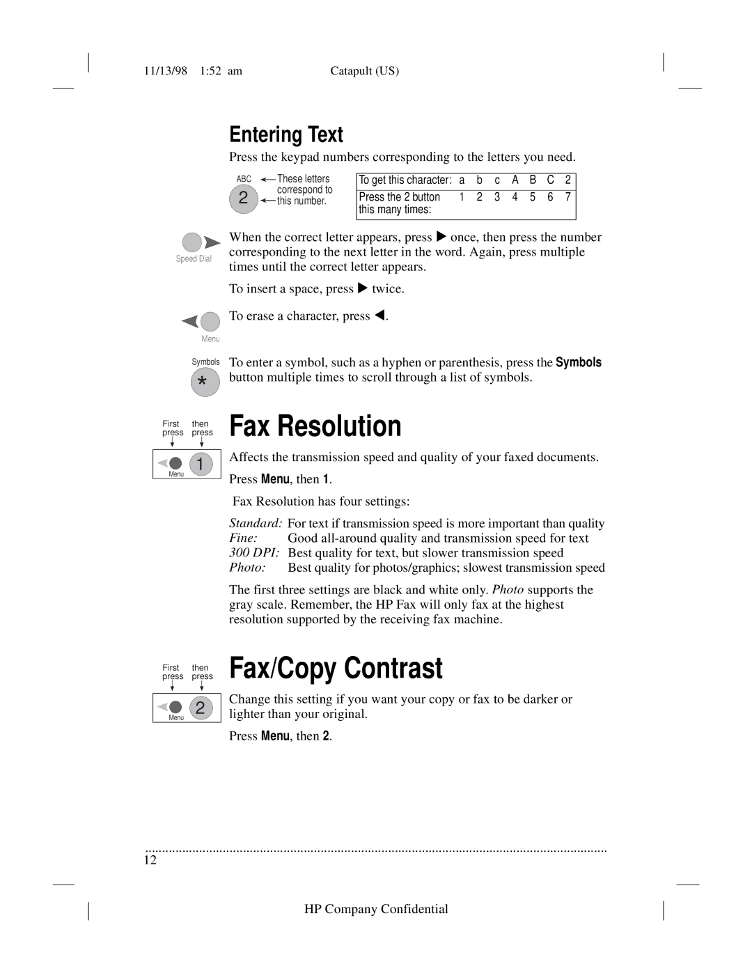 HP 920 Fax manual Fax Resolution, Fax/Copy Contrast, Entering Text 