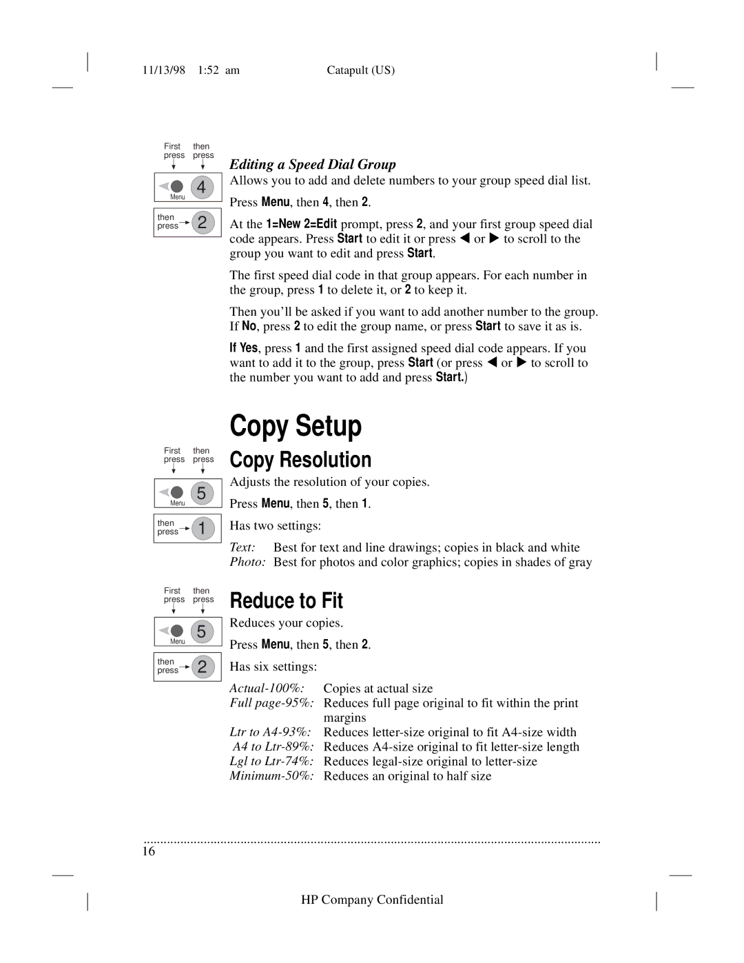 HP 920 Fax manual Copy Setup, Copy Resolution, Reduce to Fit 