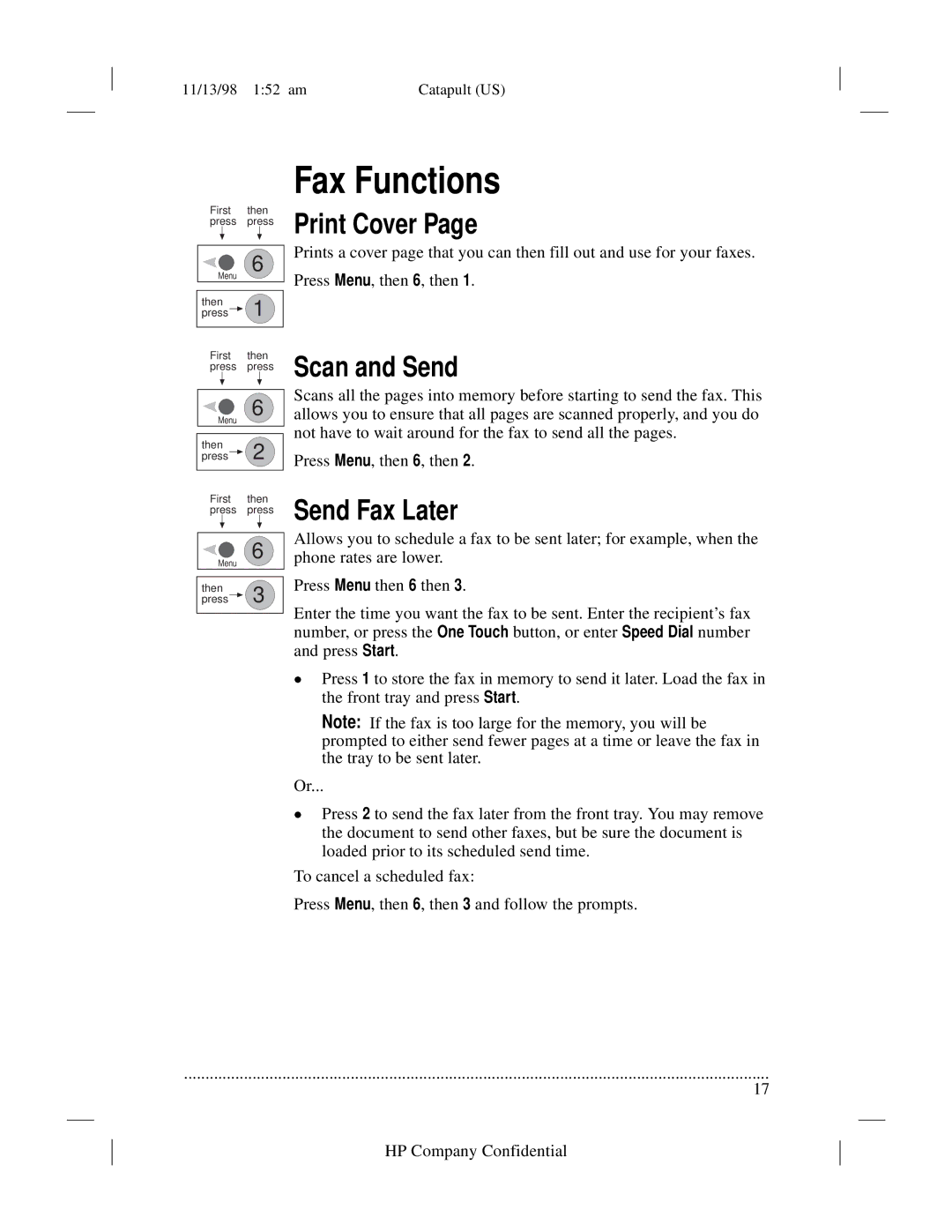 HP 920 Fax manual Fax Functions, Print Cover, Scan and Send, Send Fax Later 