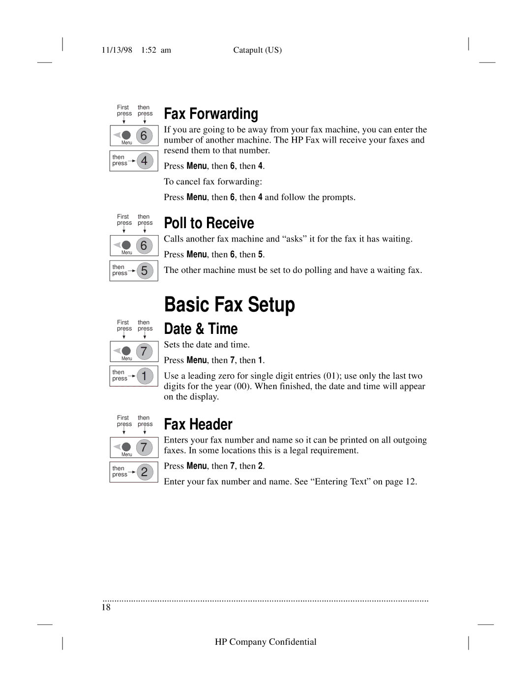 HP 920 Fax manual Basic Fax Setup, Fax Forwarding, Poll to Receive, Date & Time, Fax Header 