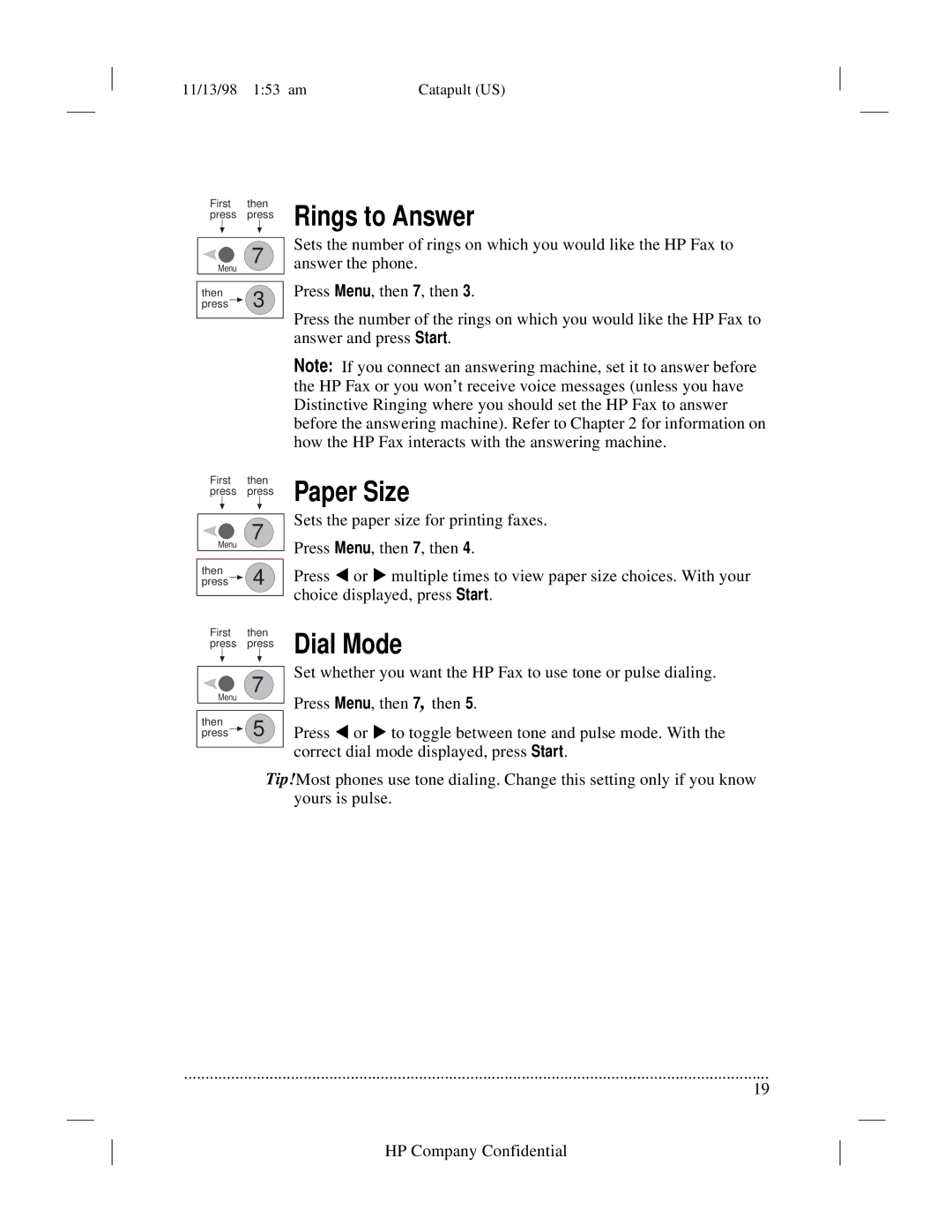 HP 920 Fax manual Rings to Answer, Paper Size, Dial Mode 