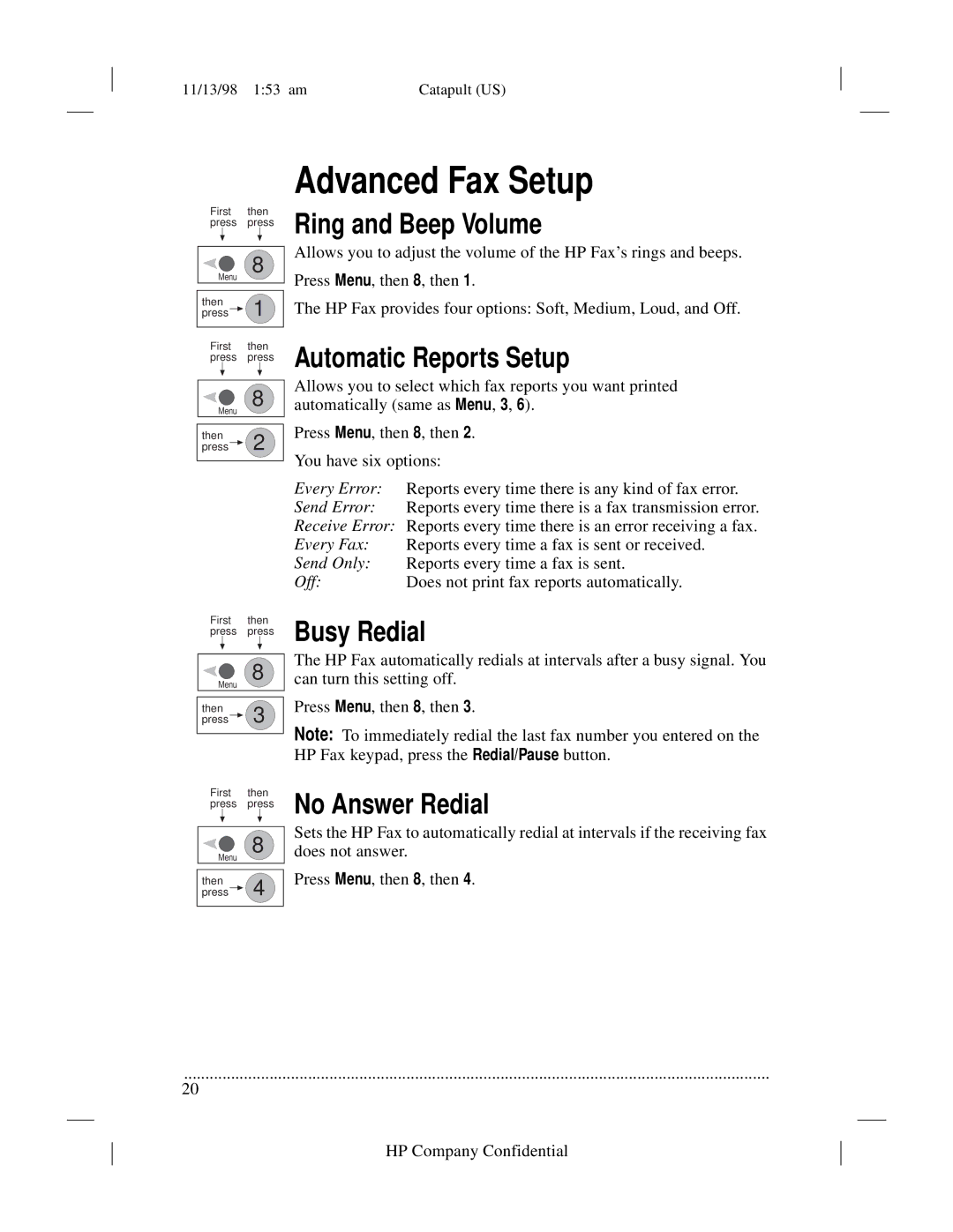 HP 920 Fax manual Advanced Fax Setup, Ring and Beep Volume, Automatic Reports Setup, Busy Redial, No Answer Redial 