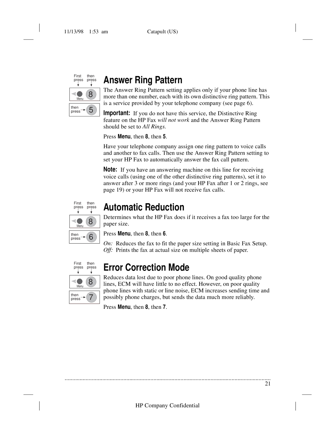 HP 920 Fax manual Answer Ring Pattern, Automatic Reduction, Error Correction Mode 