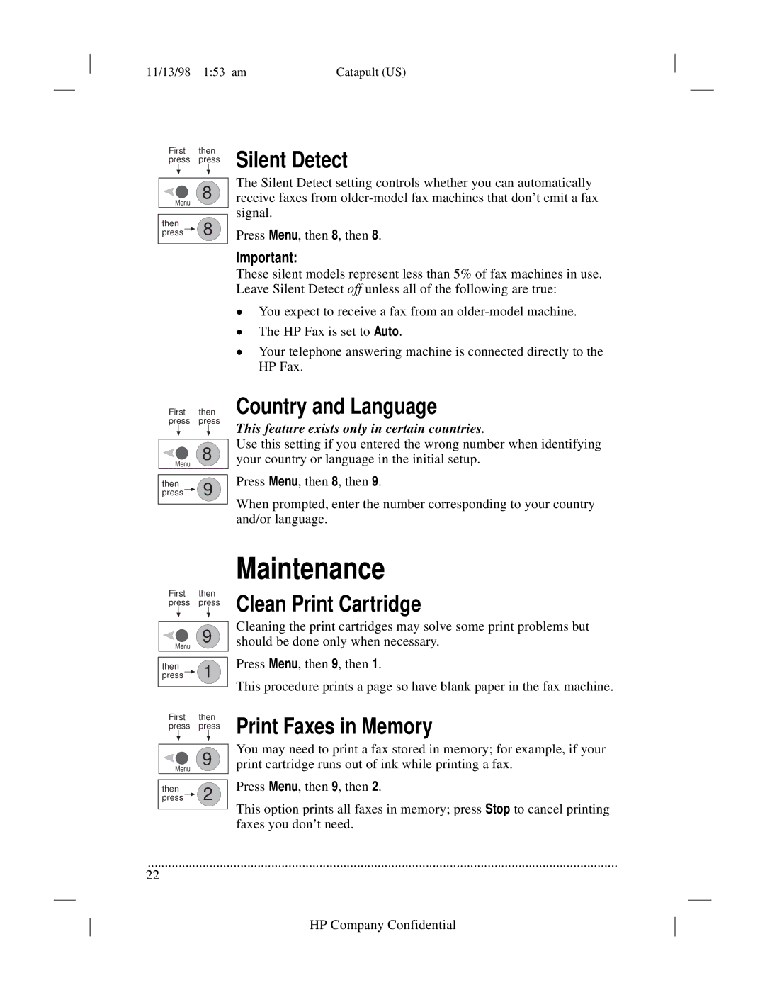 HP 920 Fax manual Maintenance, Silent Detect, Country and Language, Clean Print Cartridge, Print Faxes in Memory 